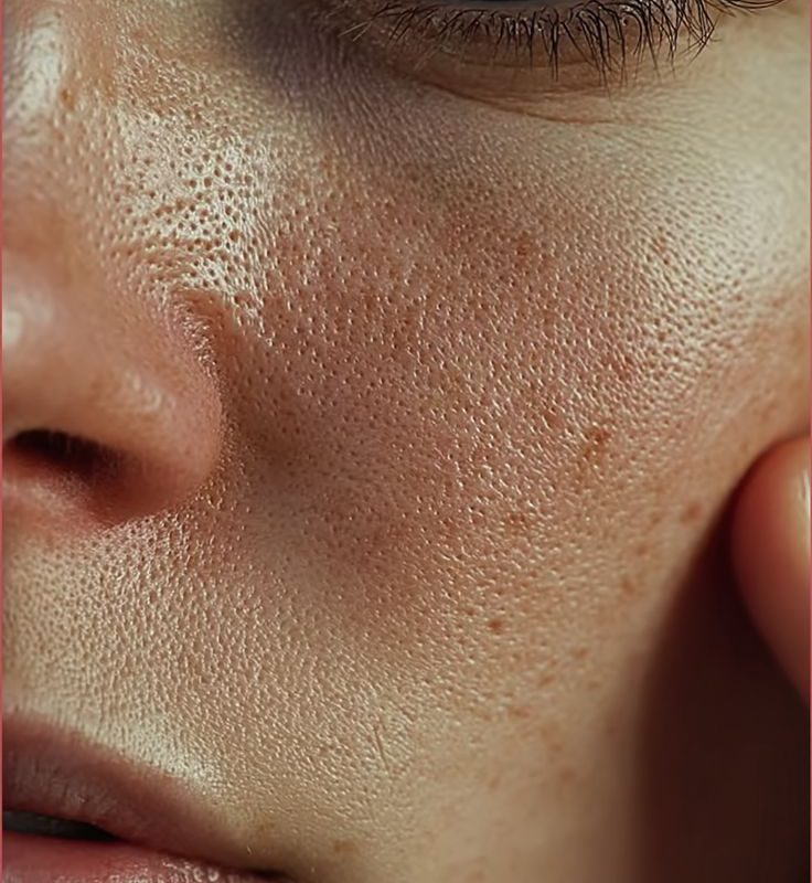 Close-up view of visible enlarged pores and uneven skin texture across the nose and cheek area.