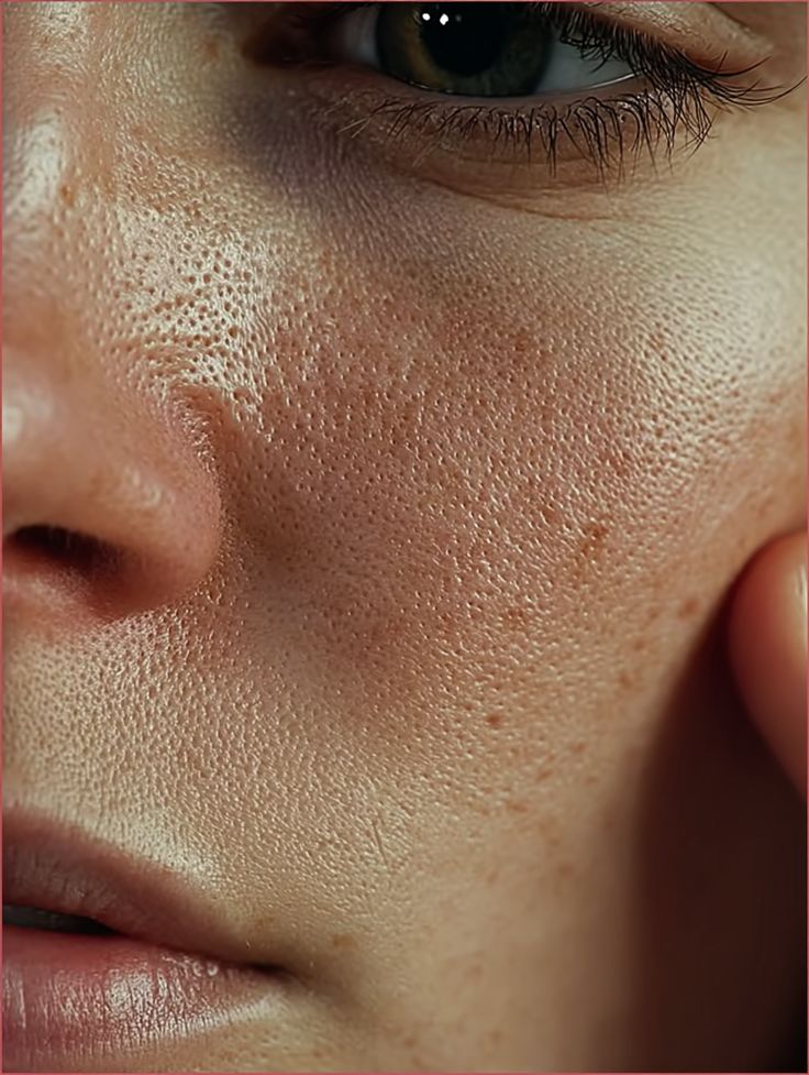 Close-up view of visible enlarged pores and uneven skin texture across the nose and cheek area.